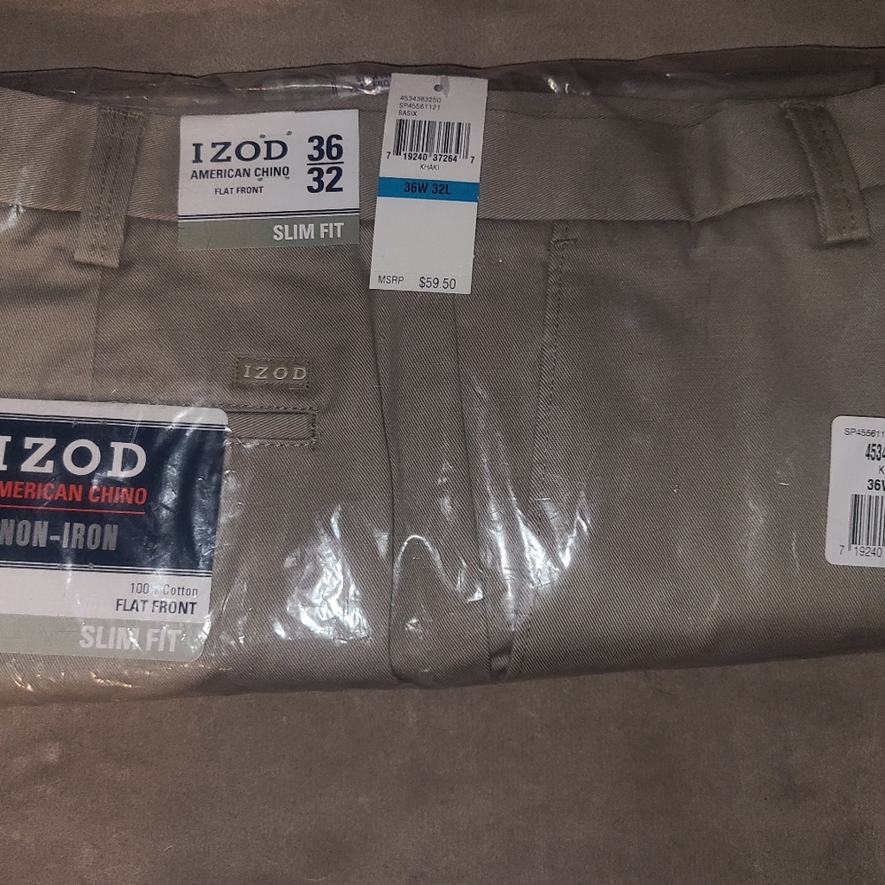 Izod slacks slim fit 36x32 beige Chino non-iorn